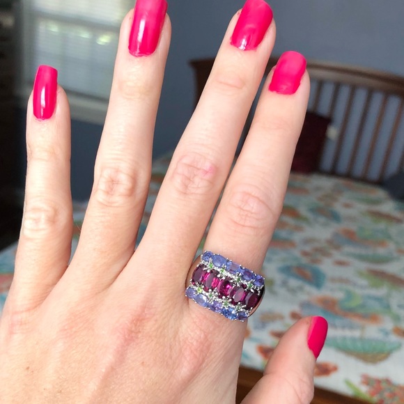 GENUINE Unheated Oval Rhodolite Garnet 6x4mm Tanzanite 925 Silver Ring Size 7 - Picture 11 of 17
